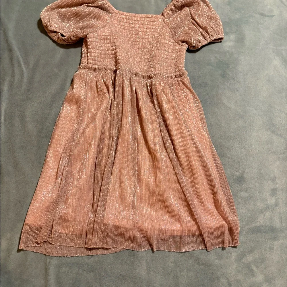 Crewcuts (J Crew) Shimmer Puff Sleeve Smocked Dress Pink Metallic